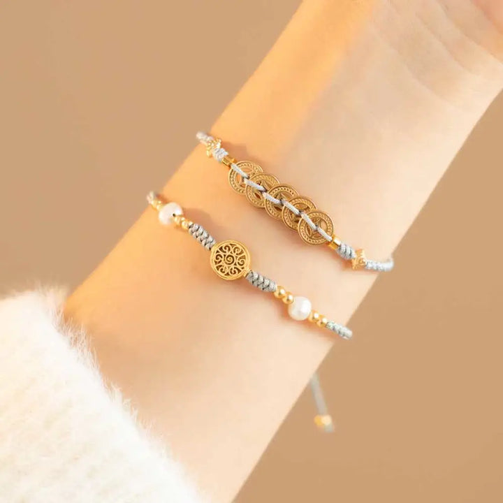 BWOOOH Copper Coin Fortune Tree Luck Strength Braided Bracelet - Copper Coin / Red(Wrist Circumference 14-18cm)