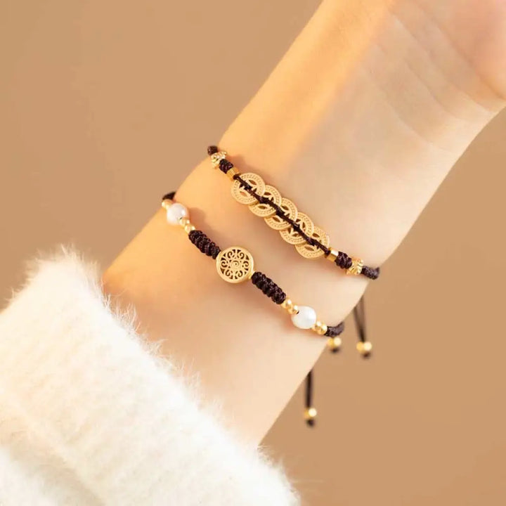 BWOOOH Copper Coin Fortune Tree Luck Strength Braided Bracelet - Copper Coin / Red(Wrist Circumference 14-18cm)