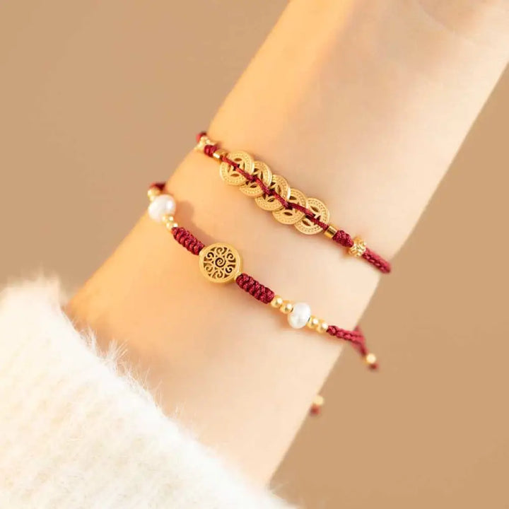 BWOOOH Copper Coin Fortune Tree Luck Strength Braided Bracelet - Copper Coin / Red(Wrist Circumference 14-18cm)