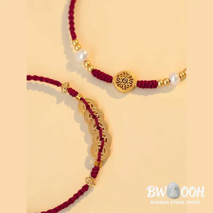 BWOOOH Copper Coin Fortune Tree Luck Strength Braided Bracelet - Copper Coin / Red(Wrist Circumference 14-18cm)