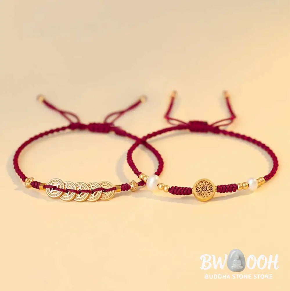 BWOOOH Copper Coin Fortune Tree Luck Strength Braided Bracelet - Copper Coin / Red(Wrist Circumference 14-18cm)