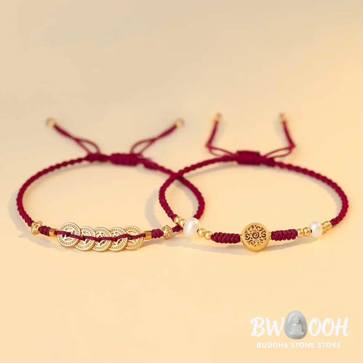 BWOOOH Copper Coin Fortune Tree Luck Strength Braided Bracelet - Copper Coin / Red(Wrist Circumference 14-18cm)