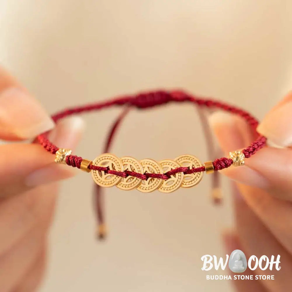 BWOOOH Copper Coin Fortune Tree Luck Strength Braided Bracelet - Copper Coin / Red(Wrist Circumference 14-18cm)