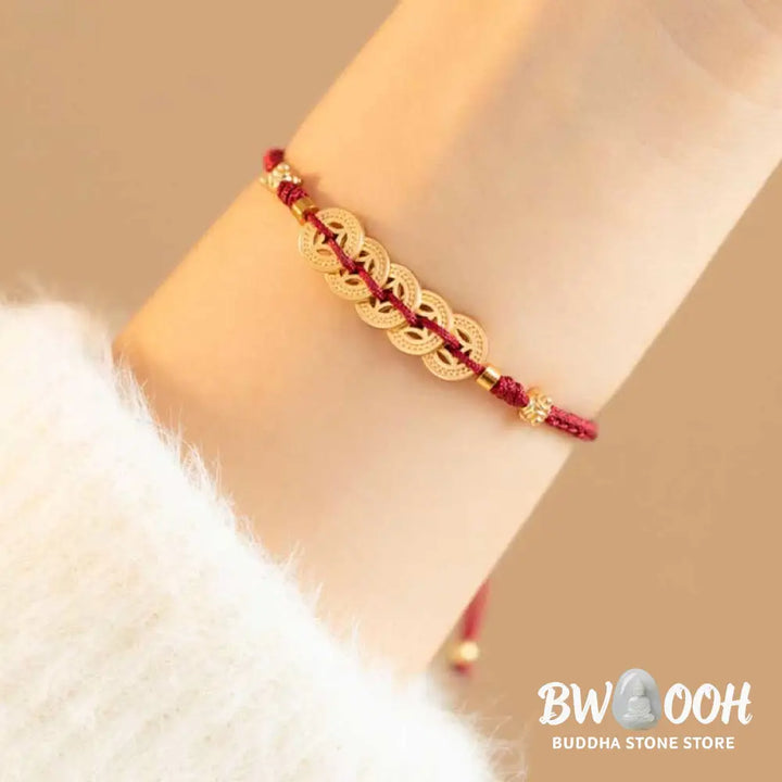 BWOOOH Copper Coin Fortune Tree Luck Strength Braided Bracelet - Copper Coin / Red(Wrist Circumference 14-18cm)