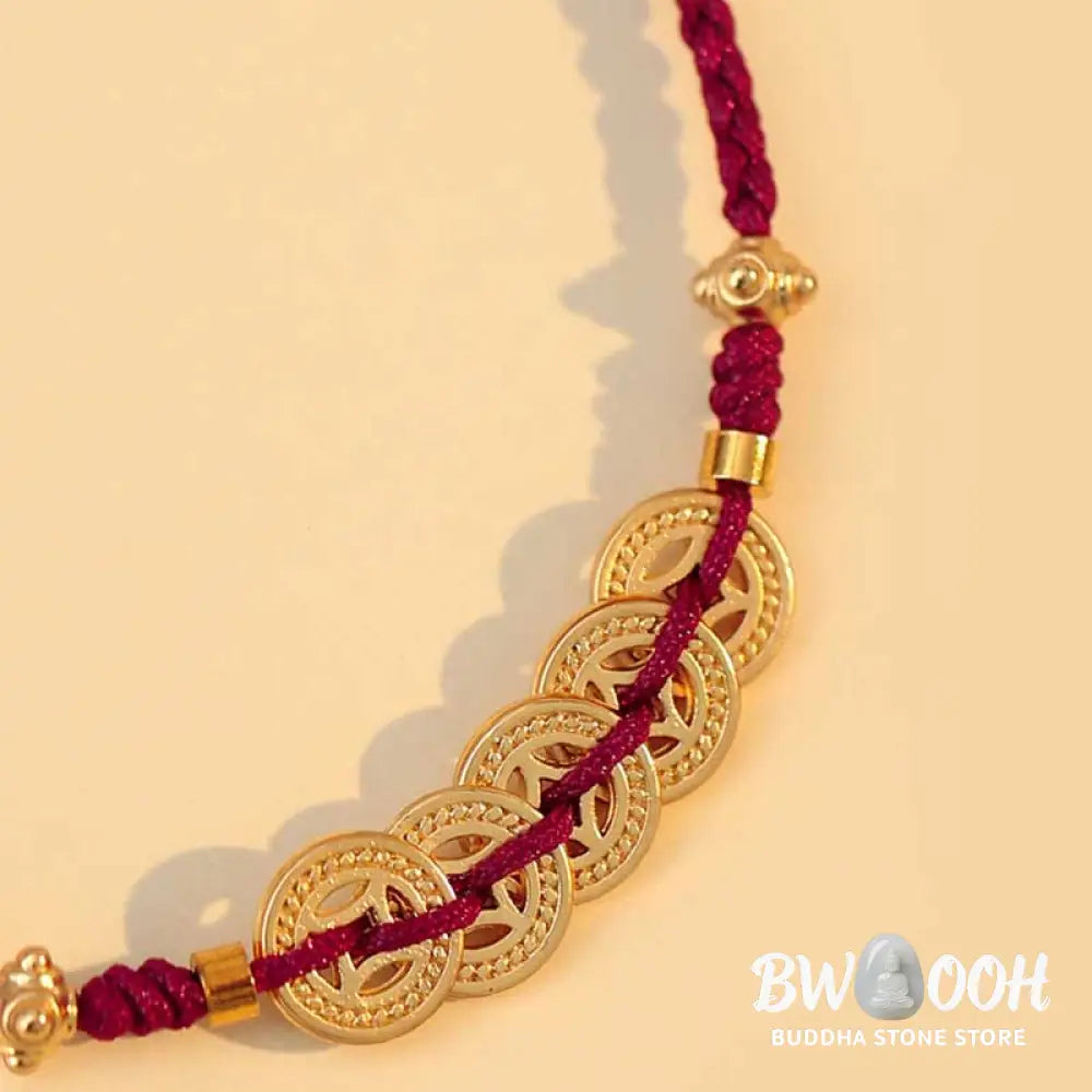 BWOOOH Copper Coin Fortune Tree Luck Strength Braided Bracelet - Copper Coin / Red(Wrist Circumference 14-18cm)