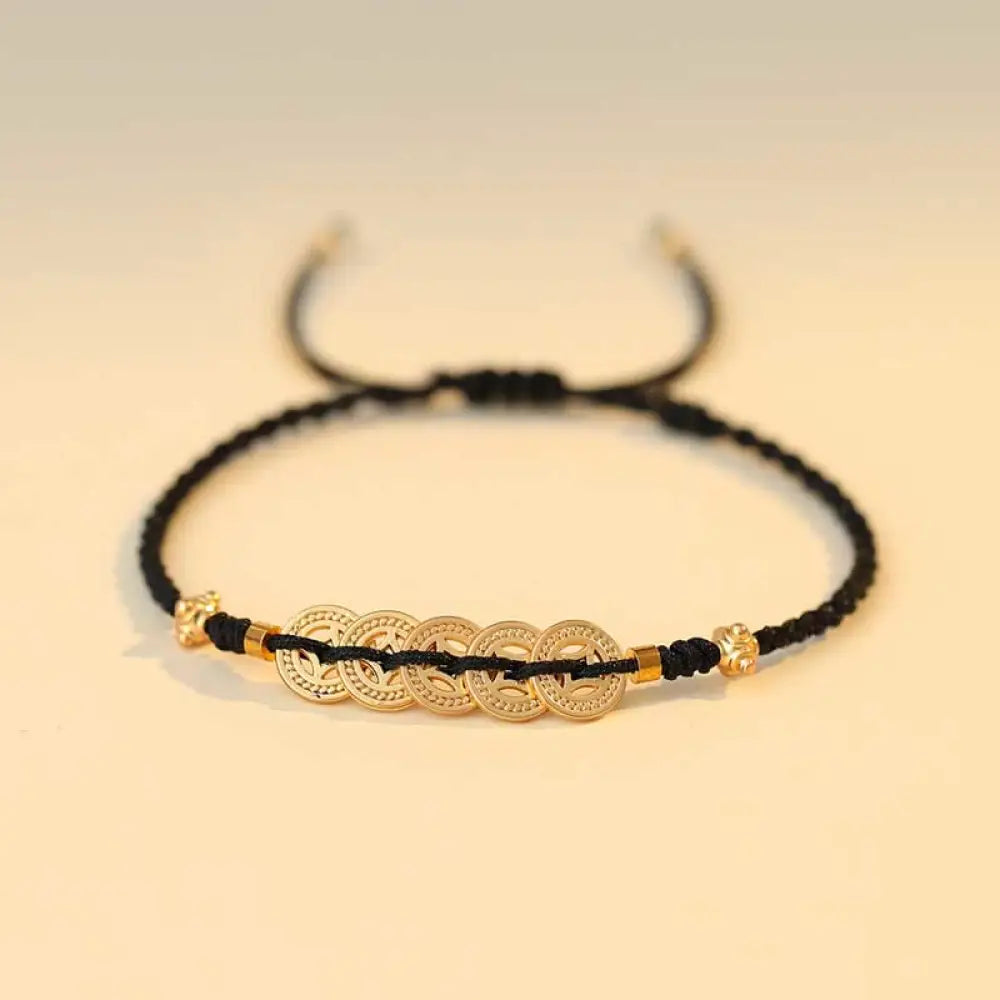 BWOOOH Copper Coin Fortune Tree Luck Strength Braided Bracelet - Copper Coin / Red(Wrist Circumference 14-18cm)