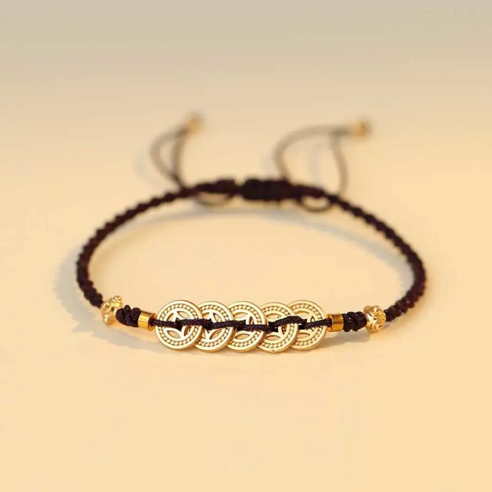 BWOOOH Copper Coin Fortune Tree Luck Strength Braided Bracelet - Copper Coin / Red(Wrist Circumference 14-18cm)