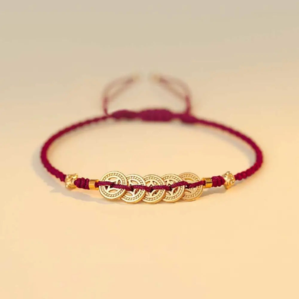 BWOOOH Copper Coin Fortune Tree Luck Strength Braided Bracelet - Copper Coin / Red(Wrist Circumference 14-18cm)