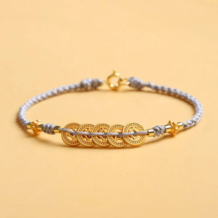 Buddha Stones Copper Coin Fortune Tree Pearl Luck Blue Rope Braided Bracelet - BWOOOH - Copper Coin / 14cm - Bracelet