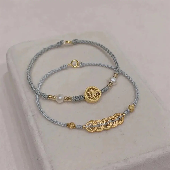 BWOOOH Copper Coin Fortune Tree Pearl Luck Blue Rope Braided Bracelet - BWOOOH - Bracelet