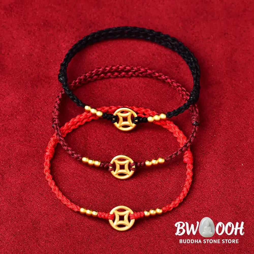 Buddha Stones Copper Coin Strength Braided String Bracelet Anklet - BWOOOH - Bracelet