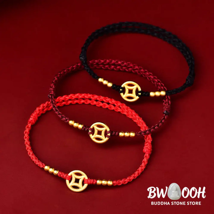 Buddha Stones Copper Coin Strength Braided String Bracelet Anklet - BWOOOH - Bracelet