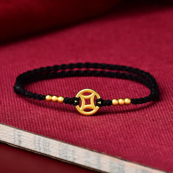 Buddha Stones Copper Coin Strength Braided String Bracelet Anklet - BWOOOH - Black / Bracelet(Wrist Circumference