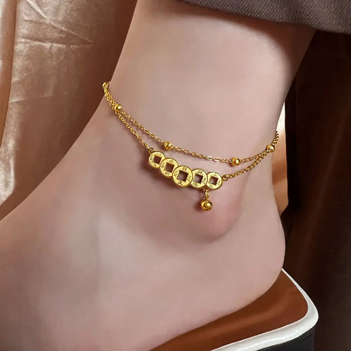 BWOOOH Copper Coins Attract Wealth Titanium Steel Anklet