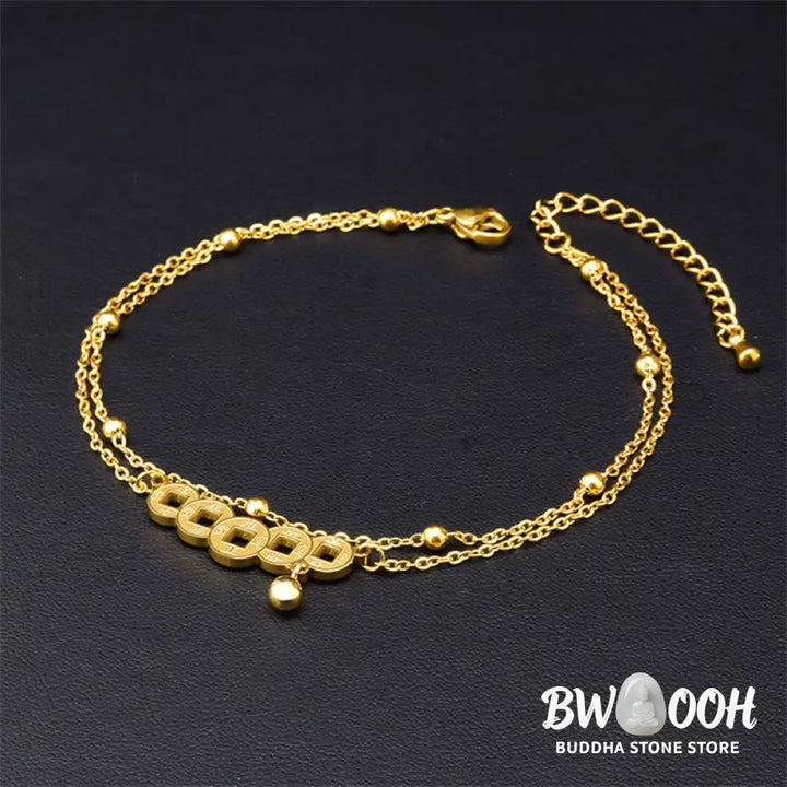 Buddha Stones Copper Coins Attract Wealth Titanium Steel Anklet - Anklet(Circumference 21-26cm) - Anklet