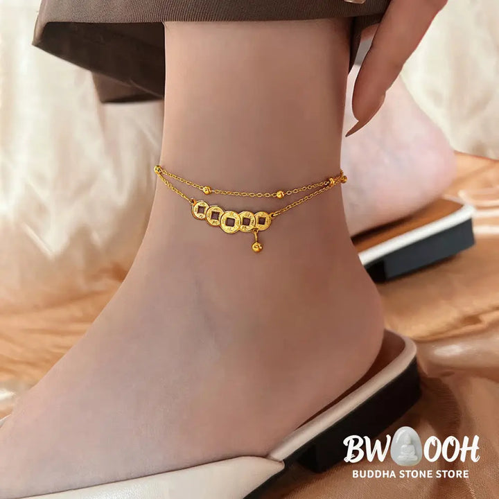 Buddha Stones Copper Coins Attract Wealth Titanium Steel Anklet - Anklet(Circumference 21-26cm) - Anklet