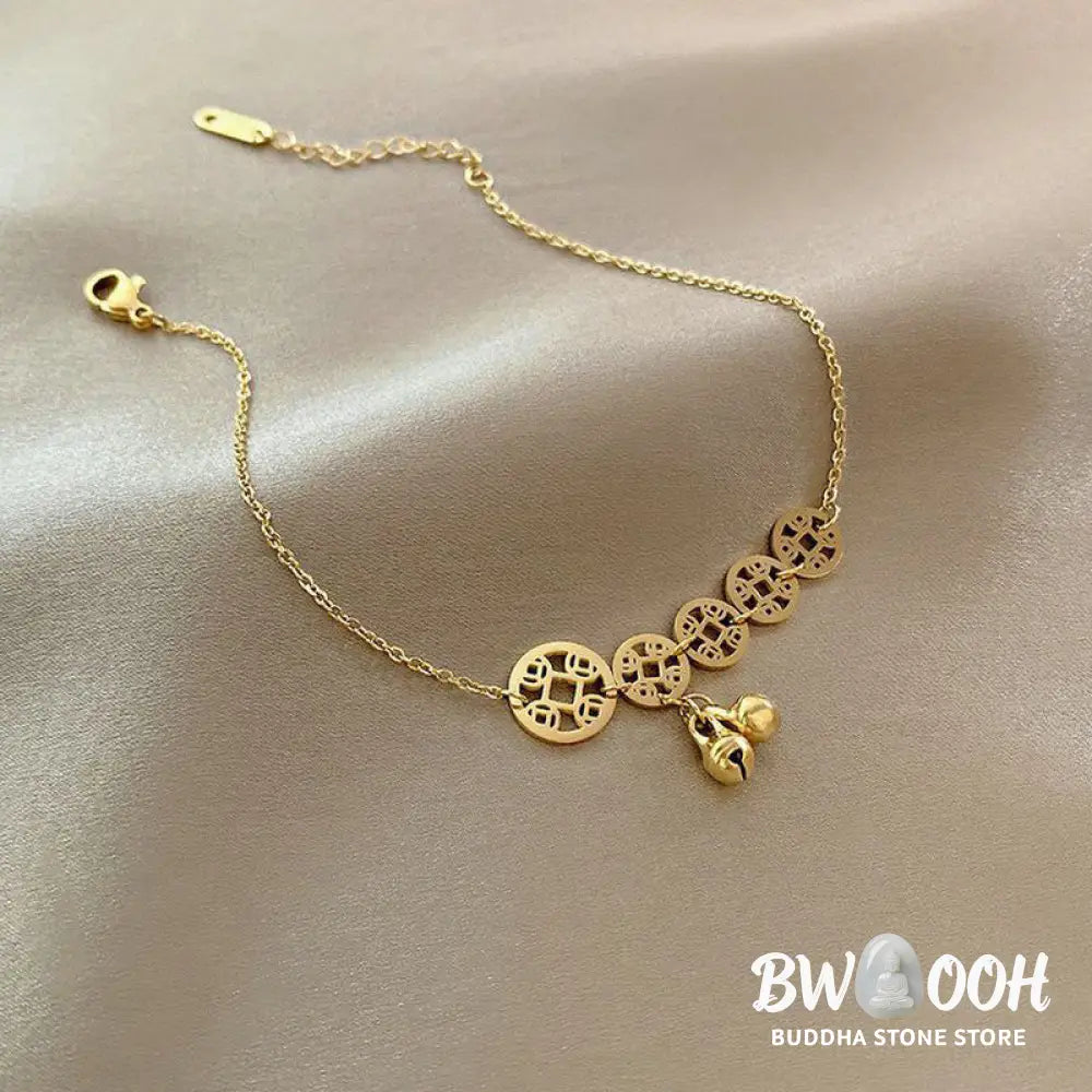 Buddha Stones Copper Coins Bell Charm Titanium Steel Strengthen Anklet - Anklet