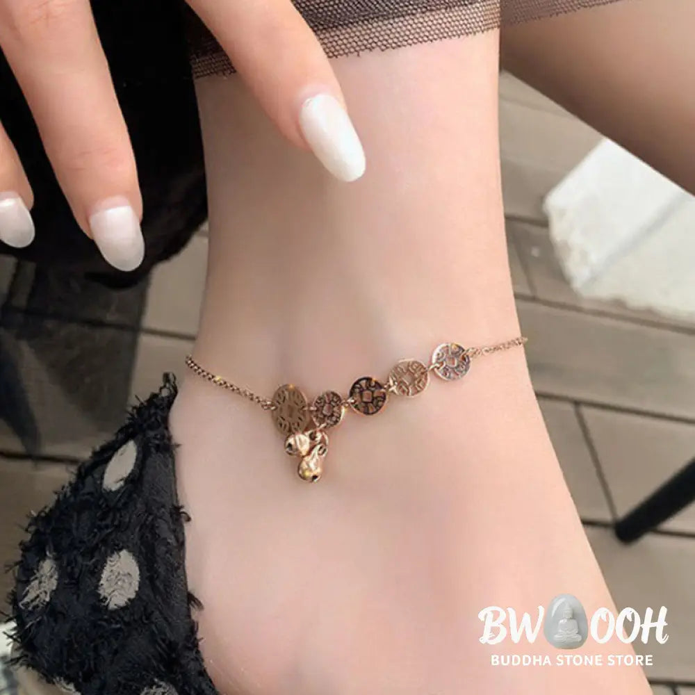 Buddha Stones Copper Coins Bell Charm Titanium Steel Strengthen Anklet - Anklet
