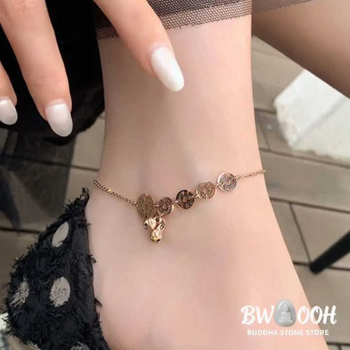 Buddha Stones Copper Coins Bell Charm Titanium Steel Strengthen Anklet - Anklet