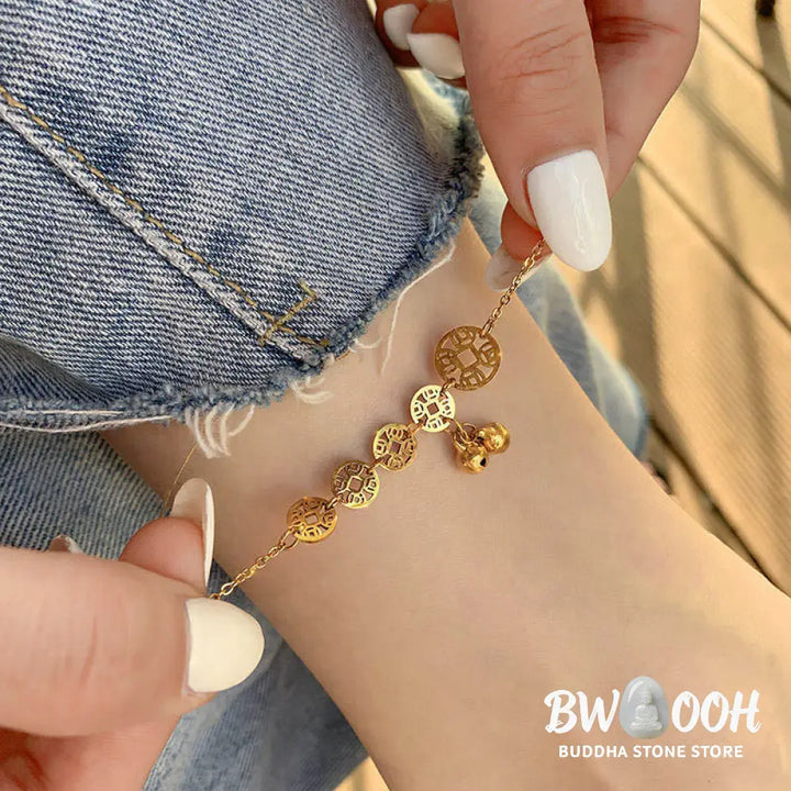 Buddha Stones Copper Coins Bell Charm Titanium Steel Strengthen Anklet - Anklet