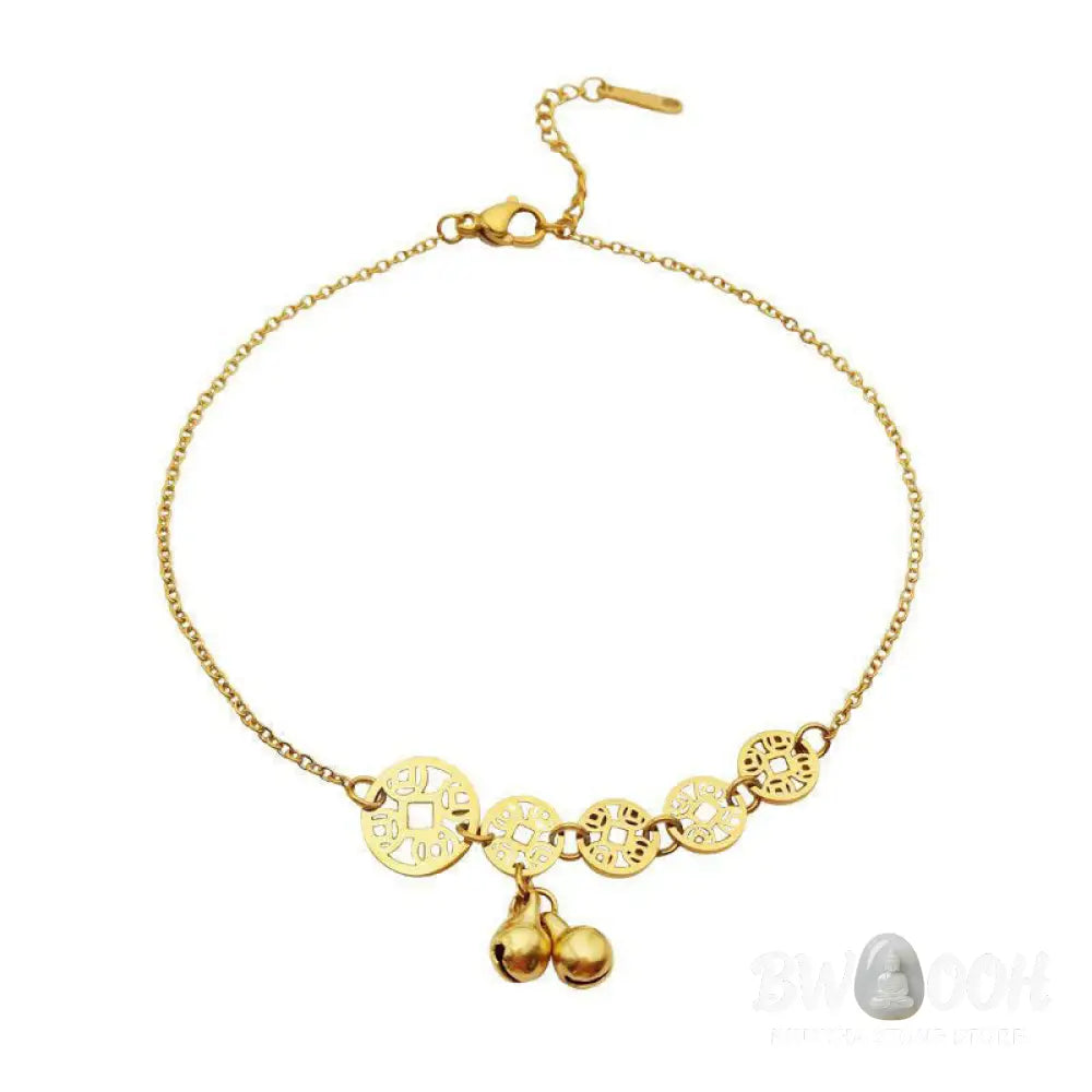 Buddha Stones Copper Coins Bell Charm Titanium Steel Strengthen Anklet - Anklet