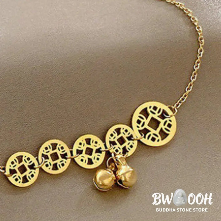 Buddha Stones Copper Coins Bell Charm Titanium Steel Strengthen Anklet - Anklet