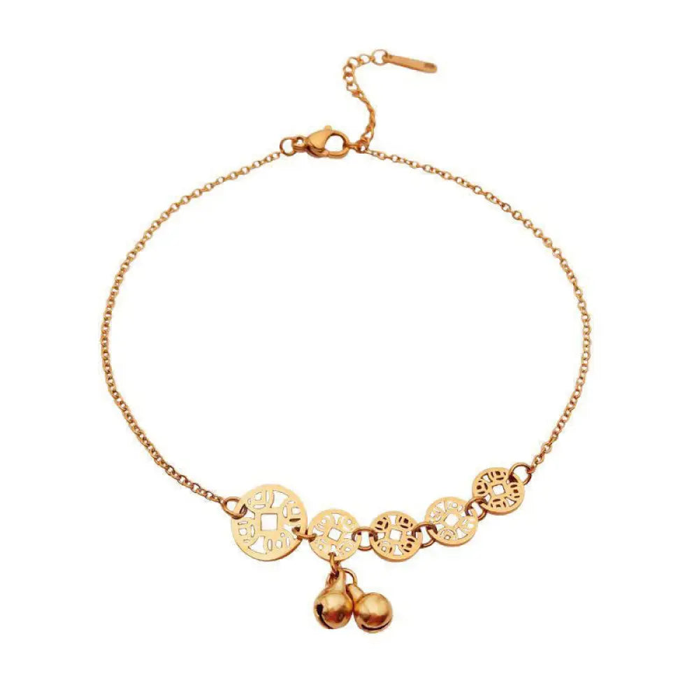 Buddha Stones Copper Coins Bell Charm Titanium Steel Strengthen Anklet - Rose Gold Anklet(Circumference 21-26cm)