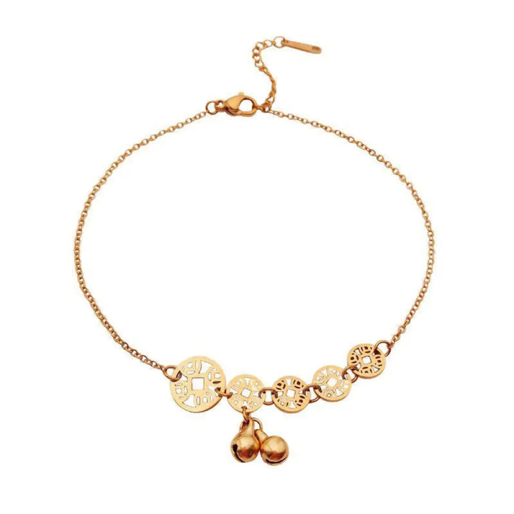 Buddha Stones Copper Coins Bell Charm Titanium Steel Strengthen Anklet - Rose Gold Anklet(Circumference 21-26cm)