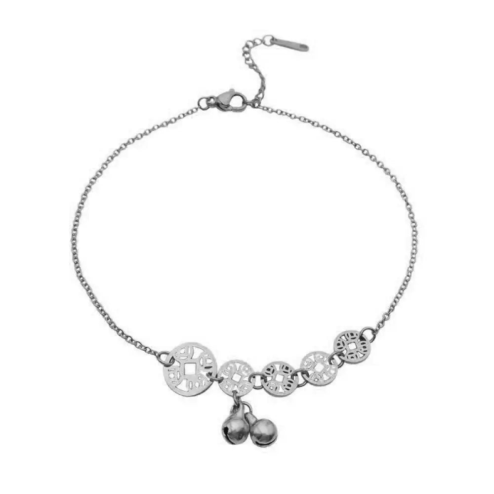 Buddha Stones Copper Coins Bell Charm Titanium Steel Strengthen Anklet - Silver Anklet(Circumference 21-26cm) - Anklet