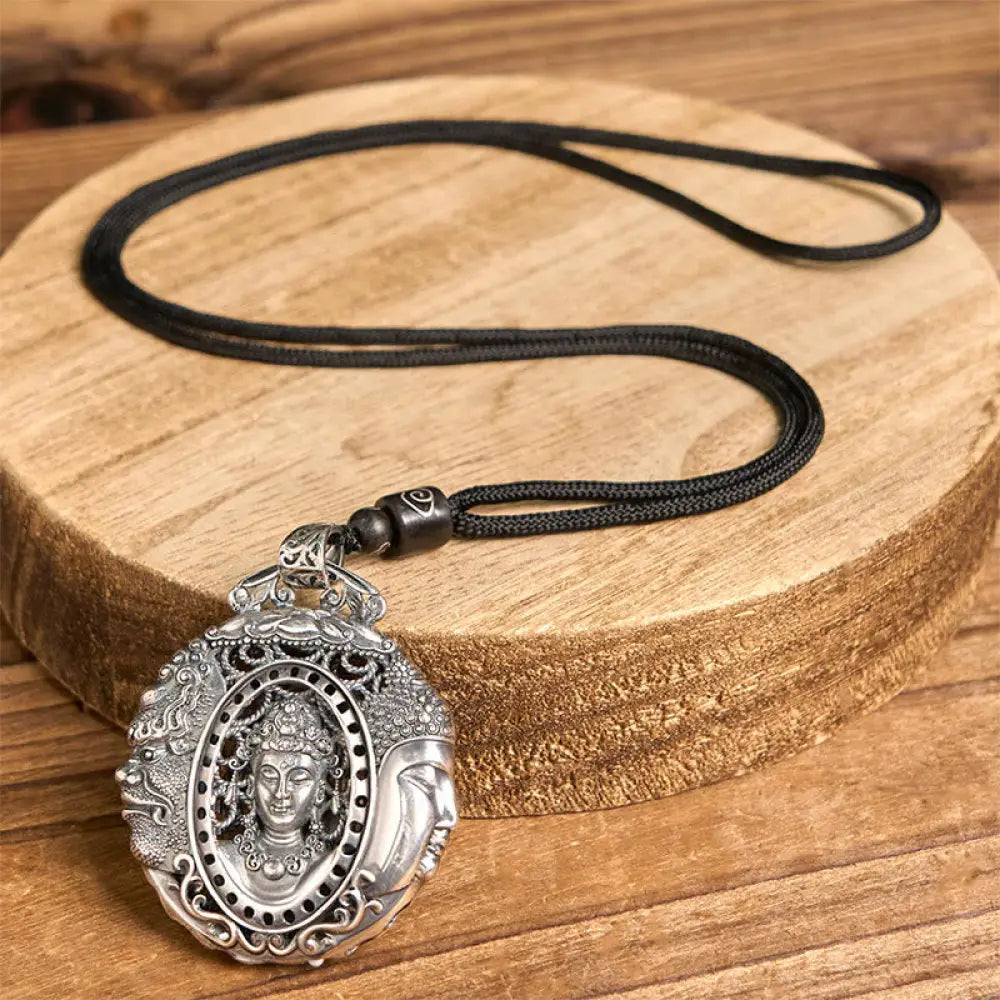 Buddha Stones Copper Buddha Devil Pattern Serenity Pendant Necklace - BWOOOH - Buddha Devil(Black Rope Chain)