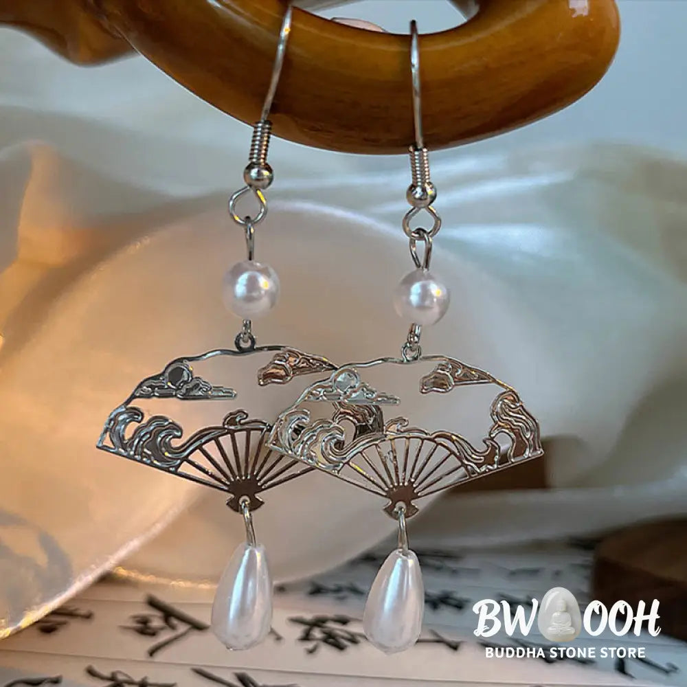 Buddha Stones Copper Fan Auspicious Clouds Pearl Healing Drop Earrings - Fan Auspicious Clouds(Copper Posts) - Earrings
