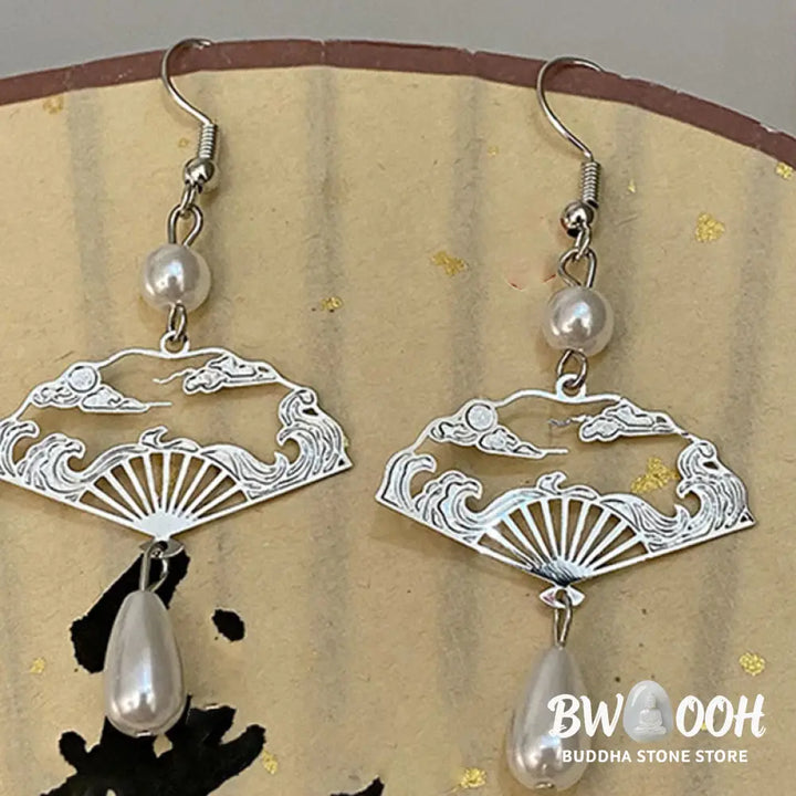 Buddha Stones Copper Fan Auspicious Clouds Pearl Healing Drop Earrings - Fan Auspicious Clouds(Copper Posts) - Earrings