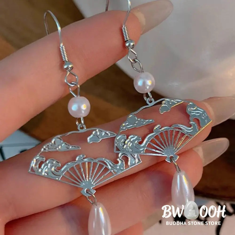 Buddha Stones Copper Fan Auspicious Clouds Pearl Healing Drop Earrings - Fan Auspicious Clouds(Copper Posts) - Earrings