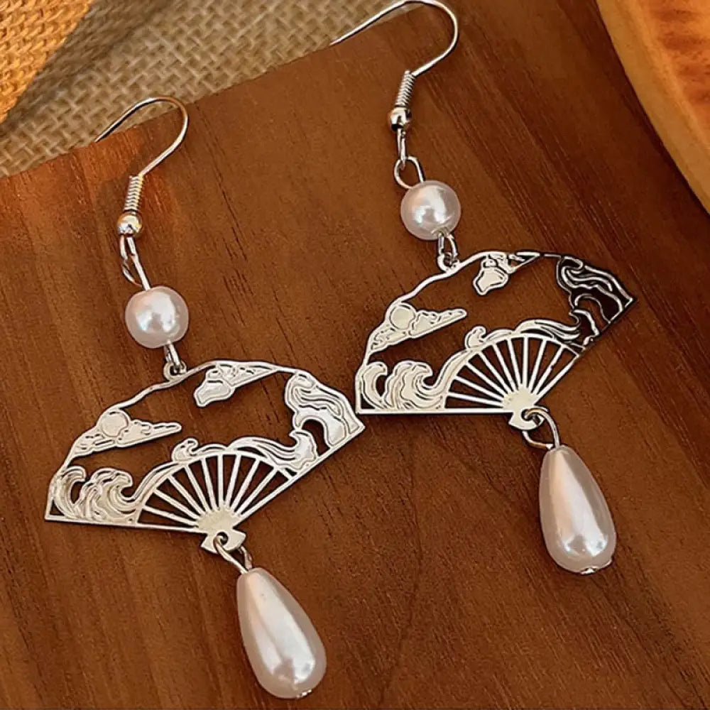 BWOOOH Copper Fan Auspicious Clouds Pearl Healing Drop Earrings — Copper spiritual jewelry for spiritual healing and mindf...
