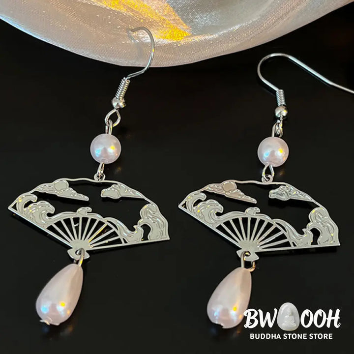 Buddha Stones Copper Fan Auspicious Clouds Pearl Healing Drop Earrings - Fan Auspicious Clouds(Copper Posts) - Earrings