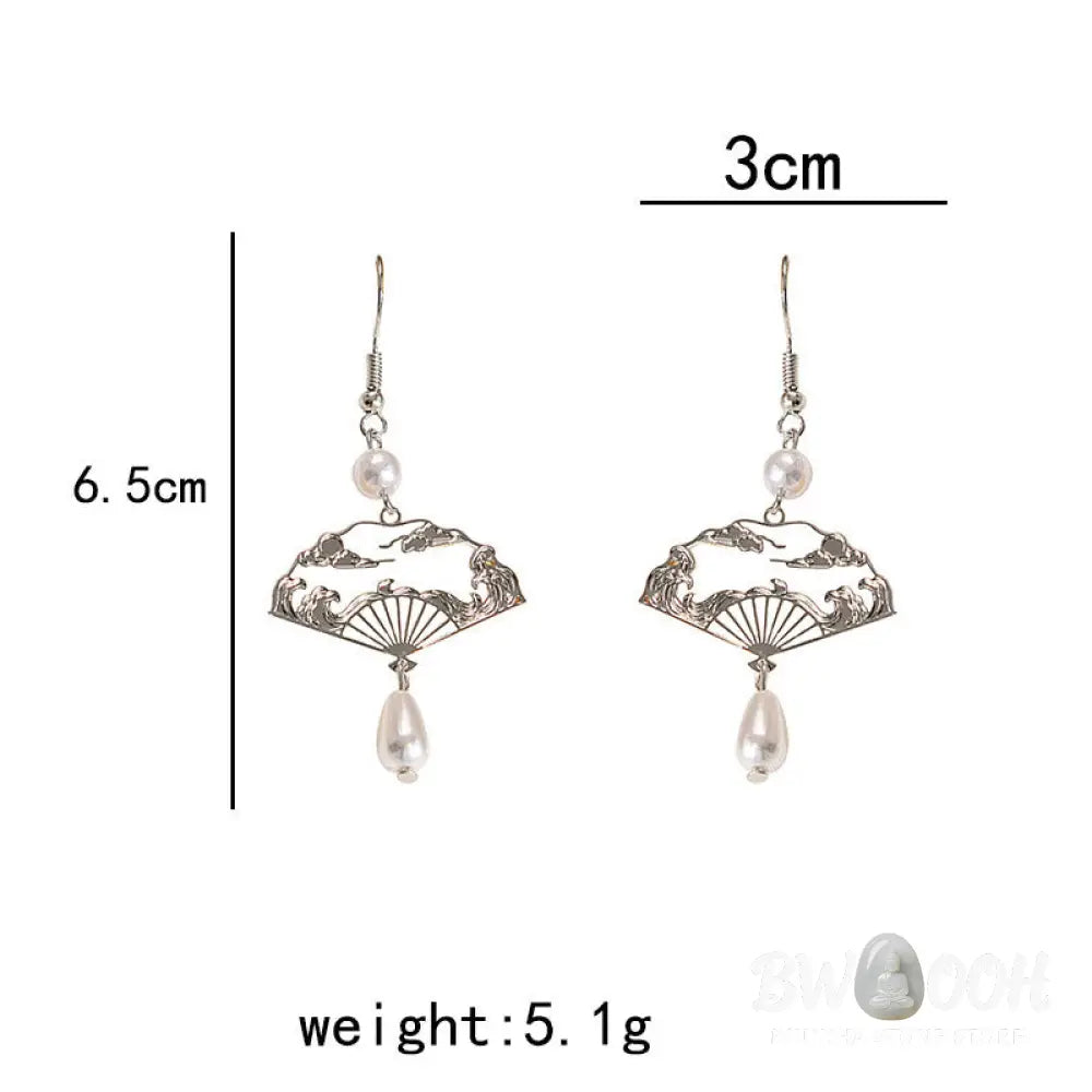 Buddha Stones Copper Fan Auspicious Clouds Pearl Healing Drop Earrings - Fan Auspicious Clouds(Copper Posts) - Earrings