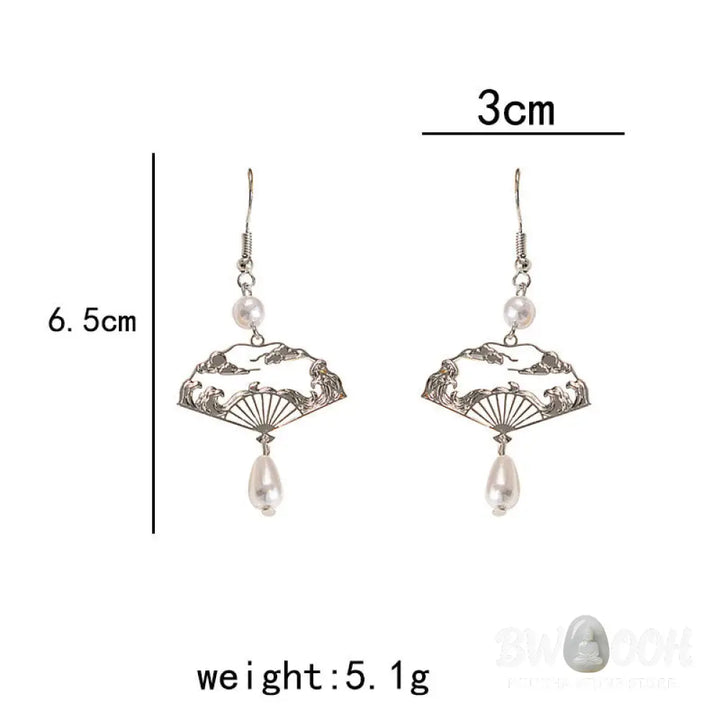 Buddha Stones Copper Fan Auspicious Clouds Pearl Healing Drop Earrings - Fan Auspicious Clouds(Copper Posts) - Earrings