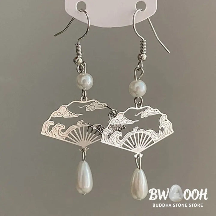 Buddha Stones Copper Fan Auspicious Clouds Pearl Healing Drop Earrings - Fan Auspicious Clouds(Copper Posts) - Earrings