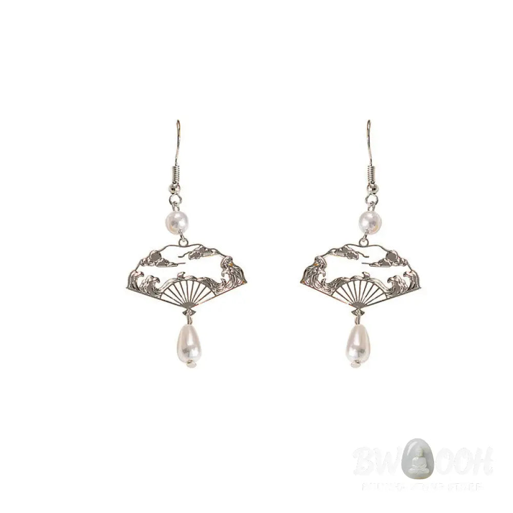 Buddha Stones Copper Fan Auspicious Clouds Pearl Healing Drop Earrings - Fan Auspicious Clouds(Copper Posts) - Earrings