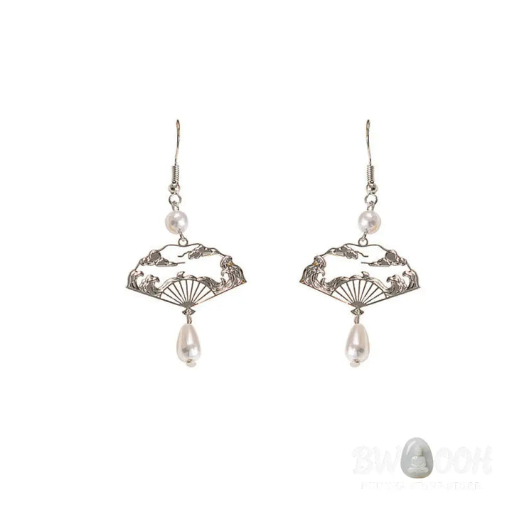 Buddha Stones Copper Fan Auspicious Clouds Pearl Healing Drop Earrings - Fan Auspicious Clouds(Copper Posts) - Earrings