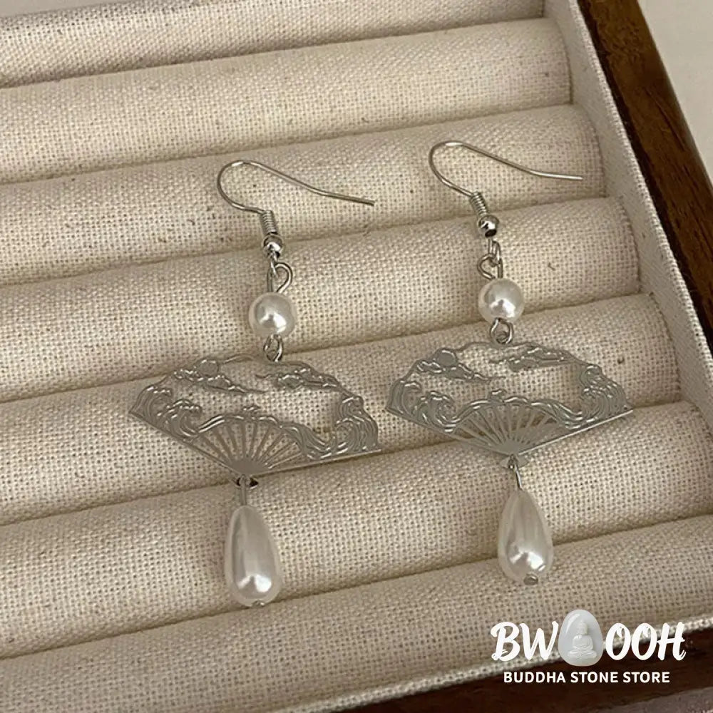 Buddha Stones Copper Fan Auspicious Clouds Pearl Healing Drop Earrings - Fan Auspicious Clouds(Copper Posts) - Earrings