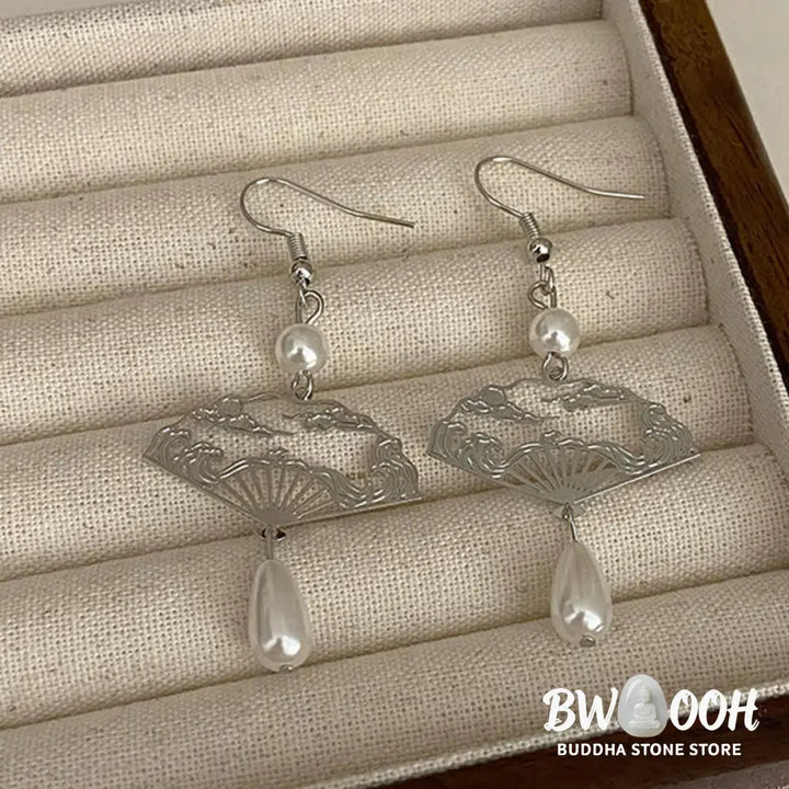 Buddha Stones Copper Fan Auspicious Clouds Pearl Healing Drop Earrings - Fan Auspicious Clouds(Copper Posts) - Earrings