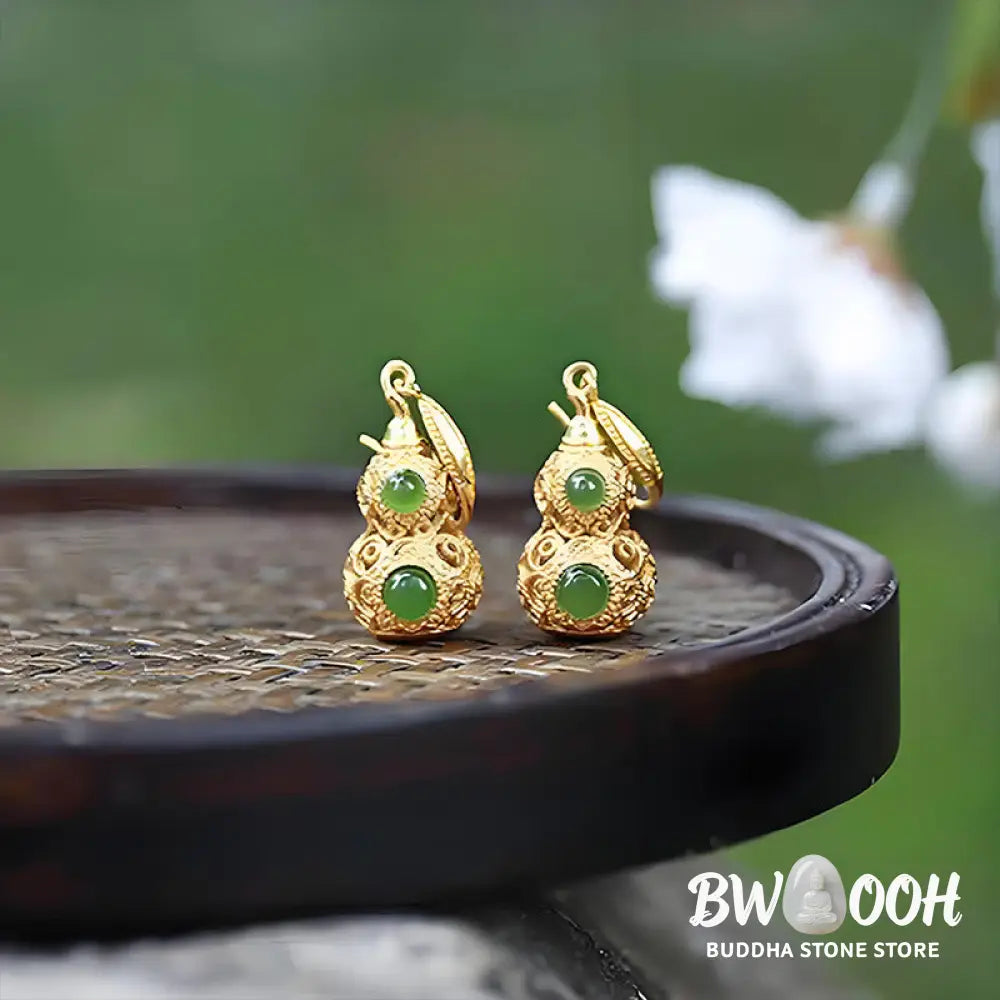 Buddha Stones Copper Hollow Gourd Jade Prosperity Earrings - Hollow Gourd(Copper Posts) - Earrings