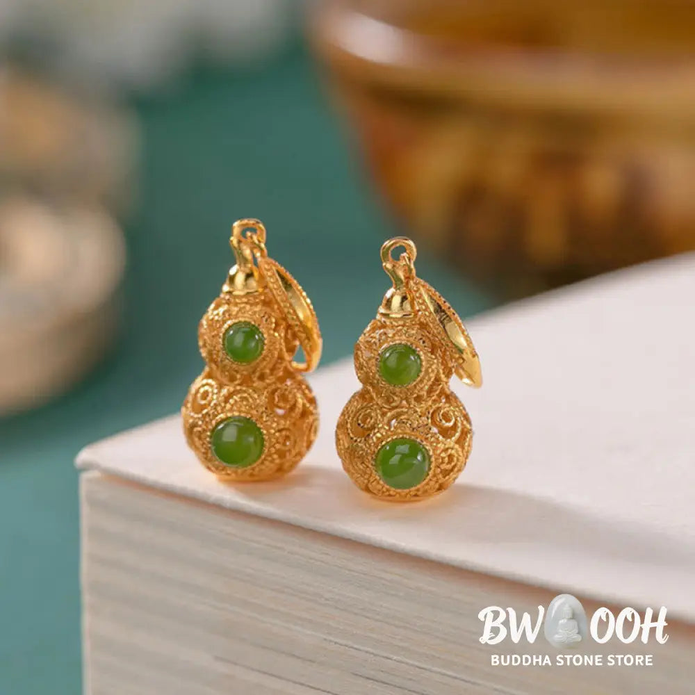 Buddha Stones Copper Hollow Gourd Jade Prosperity Earrings - Hollow Gourd(Copper Posts) - Earrings
