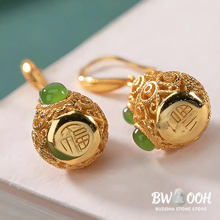 Buddha Stones Copper Hollow Gourd Jade Prosperity Earrings - Hollow Gourd(Copper Posts) - Earrings