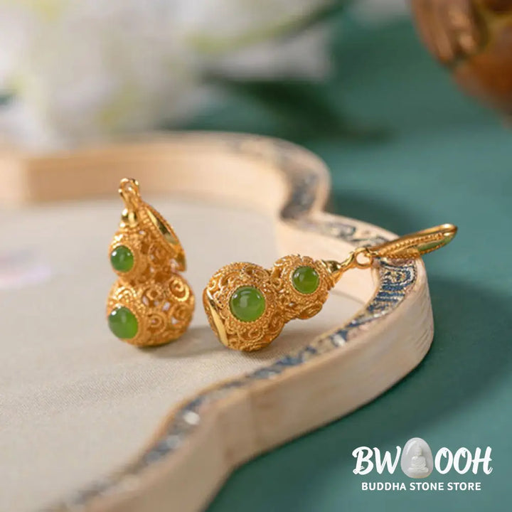 Buddha Stones Copper Hollow Gourd Jade Prosperity Earrings - Hollow Gourd(Copper Posts) - Earrings