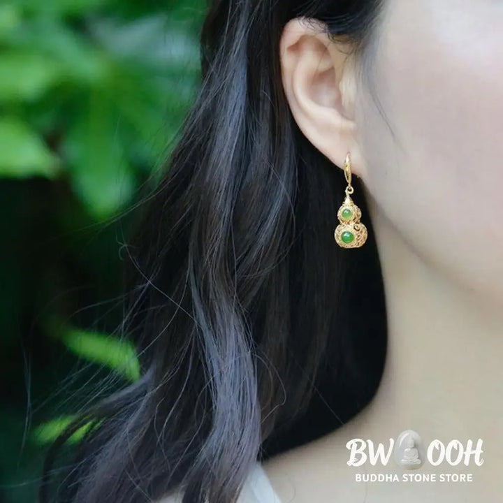 Buddha Stones Copper Hollow Gourd Jade Prosperity Earrings - Hollow Gourd(Copper Posts) - Earrings