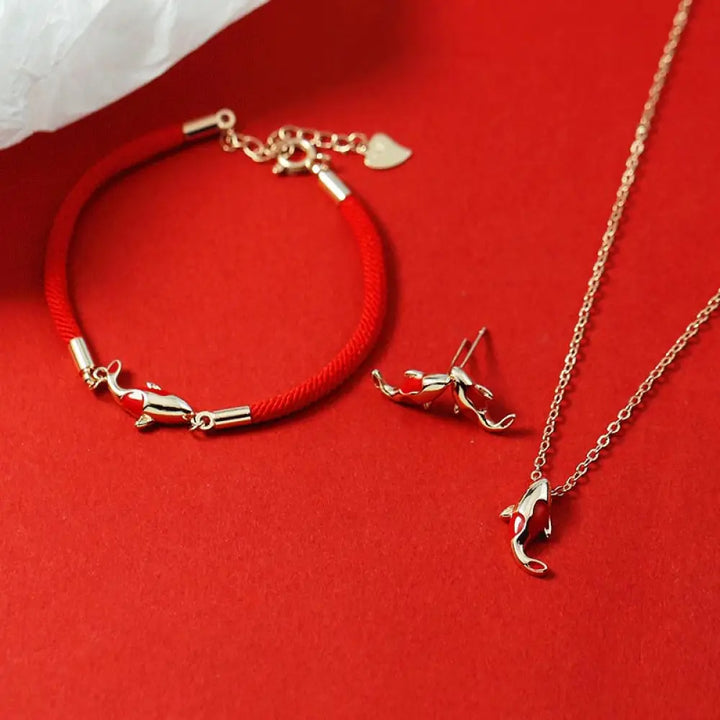 Buddha Stones Copper Koi Fish Wealth Necklace Pendant Red Rope Bracelet Earrings Set - BWOOOH - 3Pcs(Bracelet
