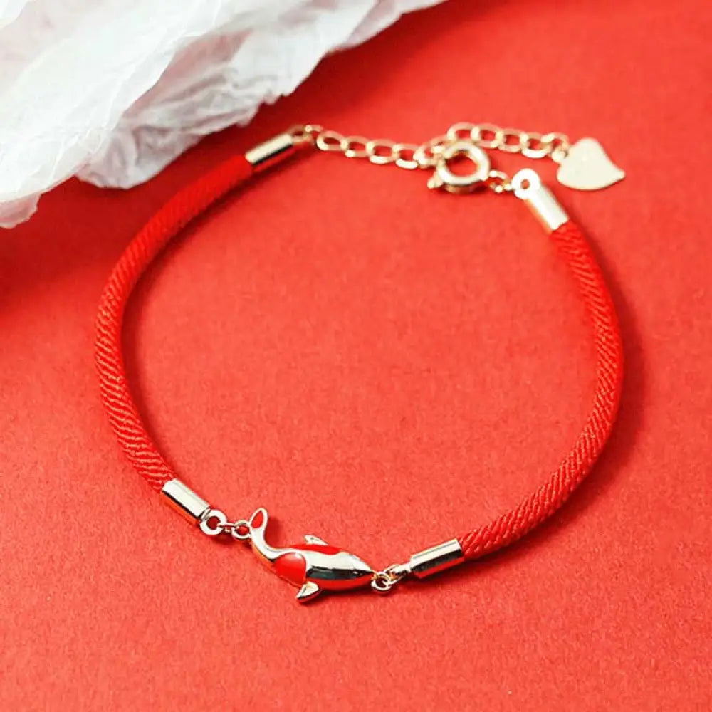 Buddha Stones Copper Koi Fish Wealth Necklace Pendant Red Rope Bracelet Earrings Set - BWOOOH - Bracelet(Wrist