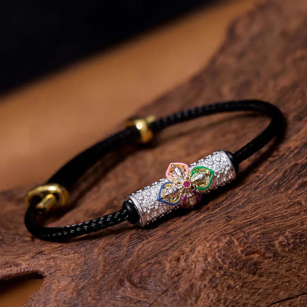 Buddha Stones Copper Luck Red String Bracelet - BWOOOH - Silver Colourful Flower Black String(Wrist Circumference: